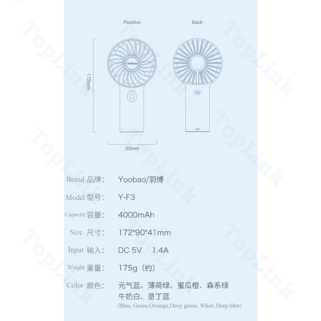 Quạt Tích Điện Cầm Tay Pin Trâu 32h Sử Dụng Yoobao F3 Với 3 Tốc Độ Gió Có Đèn Báo Pin Thiết Kế Nhỏ Ngọn - TopLink | BigBuy360 - bigbuy360.vn