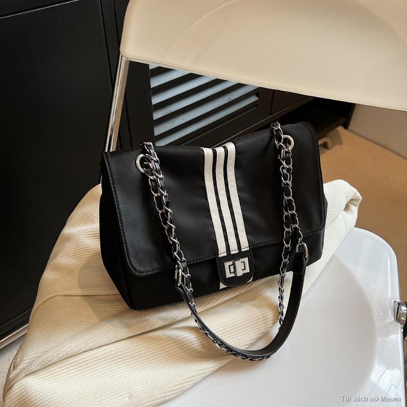 Order💯Túi tote ba sọc đen thời trang Túi đeo vai dung tích lớn Túi vải nylon Túi vải canvas