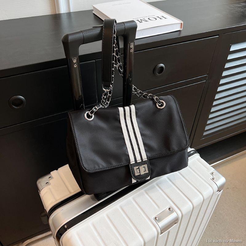 Order💯Túi tote ba sọc đen thời trang Túi đeo vai dung tích lớn Túi vải nylon Túi vải canvas