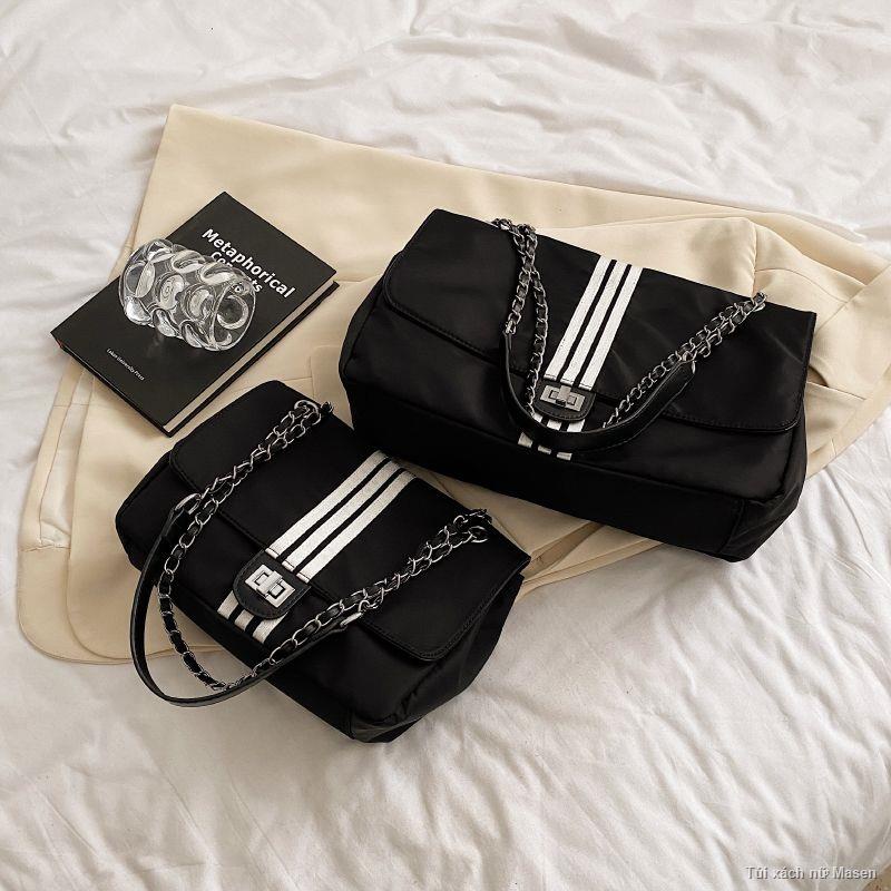 Order💯Túi tote ba sọc đen thời trang Túi đeo vai dung tích lớn Túi vải nylon Túi vải canvas
