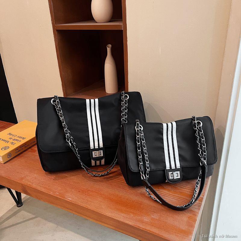 Order💯Túi tote ba sọc đen thời trang Túi đeo vai dung tích lớn Túi vải nylon Túi vải canvas