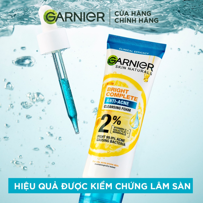 Sữa rửa mặt 3-trong-1 giảm mụn & sáng da Garnier Bright Complete Anti-Acne Foam 100ml