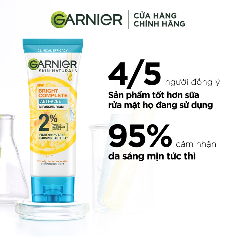 Sữa rửa mặt 3-trong-1 giảm mụn & sáng da Garnier Bright Complete Anti-Acne Foam 100ml