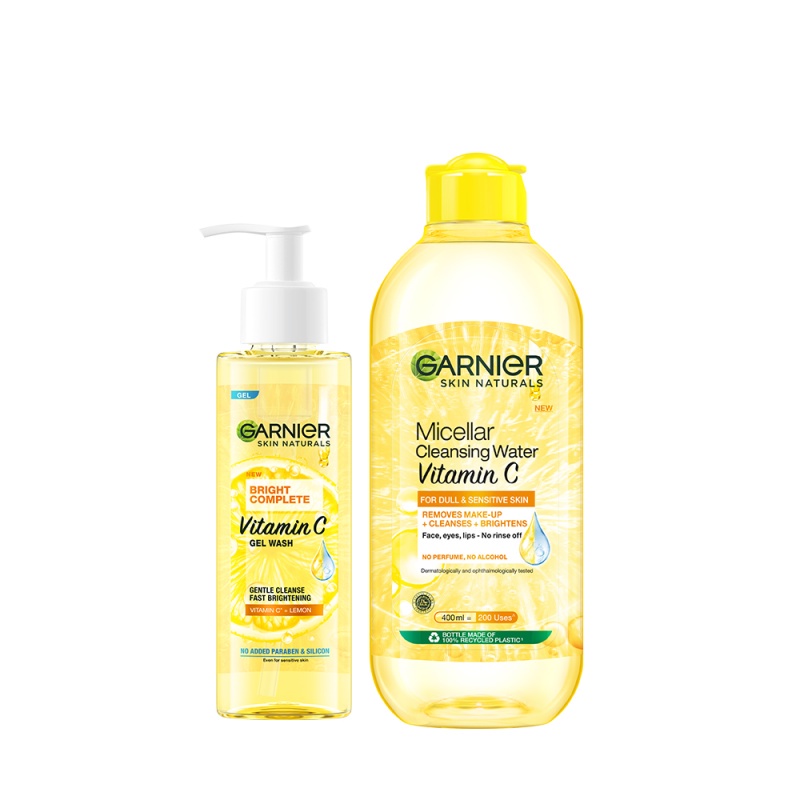 Bộ đôi Gel rửa mặt Vitamin C & Nước tẩy trang dưỡng sáng da Garnier Bright