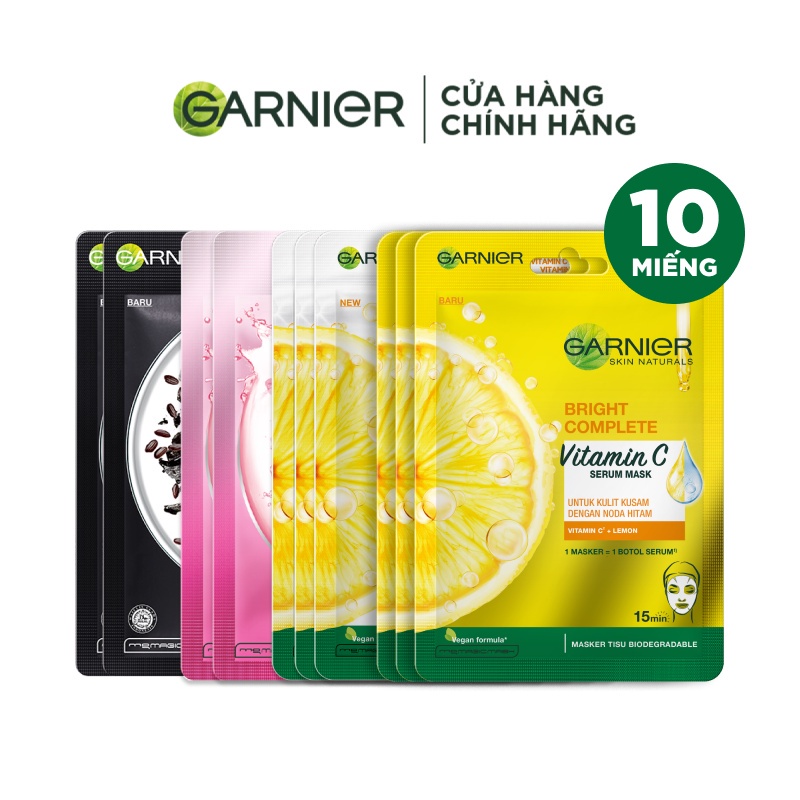 Combo 10 mặt nạ giấy mờ thâm, dưỡng sáng, thanh lọc dành cho da sạm Garnier Serum Mask