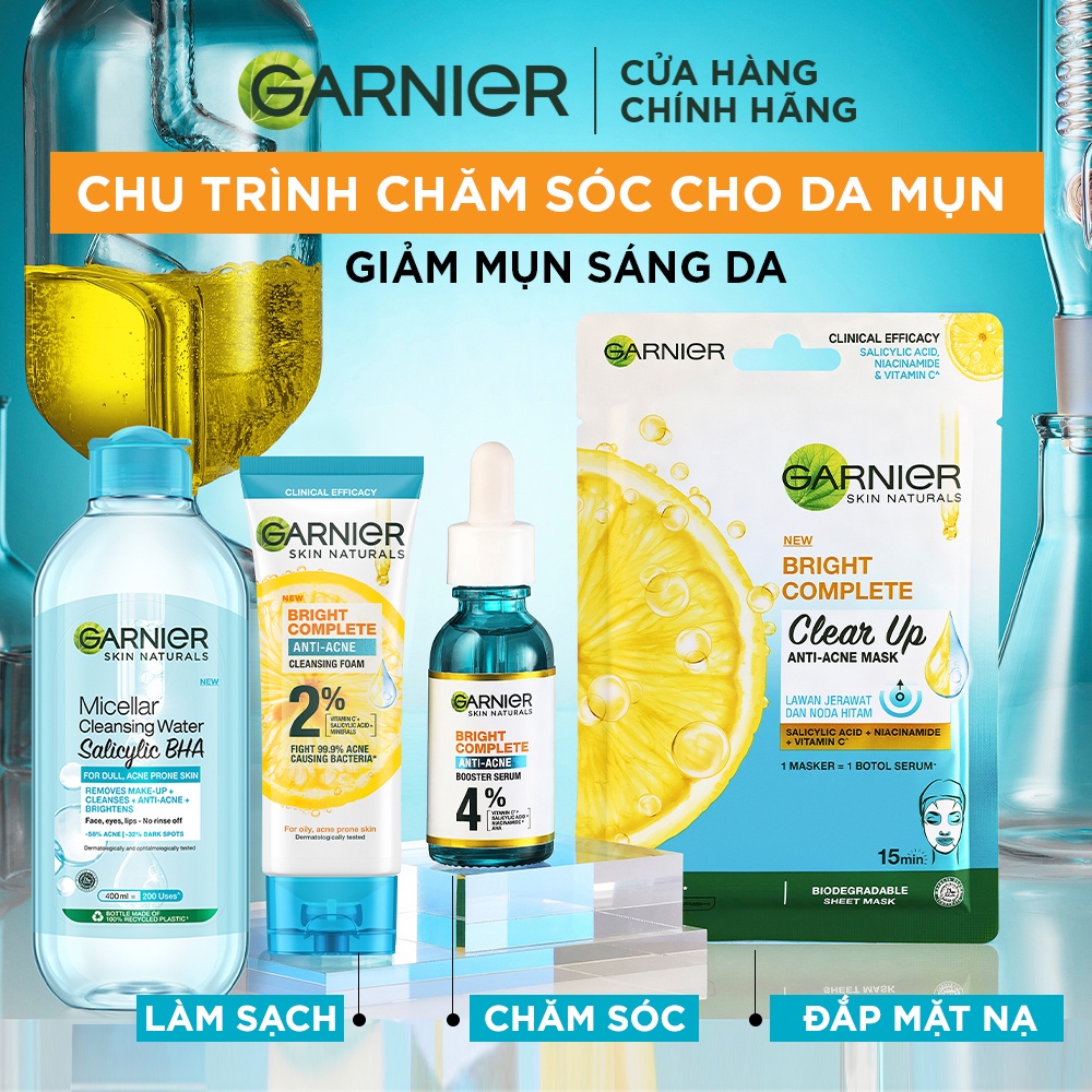 Dưỡng chất cho da dầu mụn Garnier Bright Complete Anti-Acnes Booster Serum 4% [Niacinamide, BHA, AHA, Vitamin C] 30ml