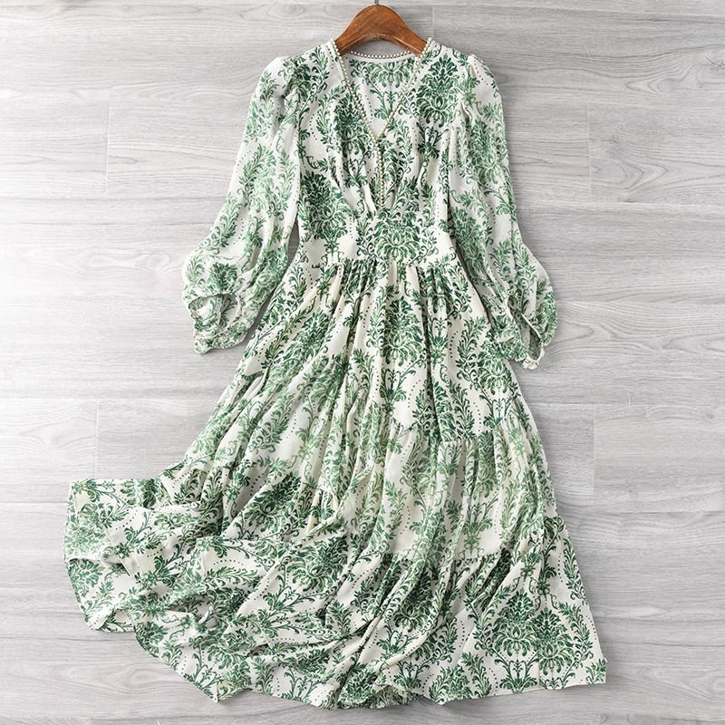 Đầm Dài Eo Cao Cổ Chữ V Tay Phồng In Hoa Chống Nếp Nhăn Thời Trang Mùa Hè