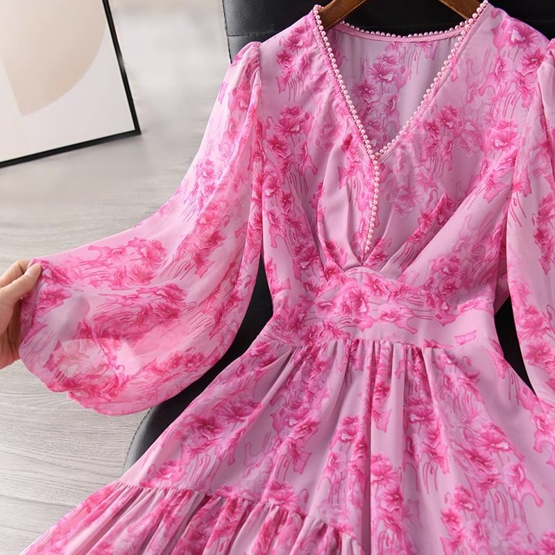 Đầm Dài Eo Cao Cổ Chữ V Tay Phồng In Hoa Chống Nếp Nhăn Thời Trang Mùa Hè