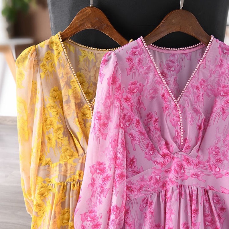 Đầm Dài Eo Cao Cổ Chữ V Tay Phồng In Hoa Chống Nếp Nhăn Thời Trang Mùa Hè