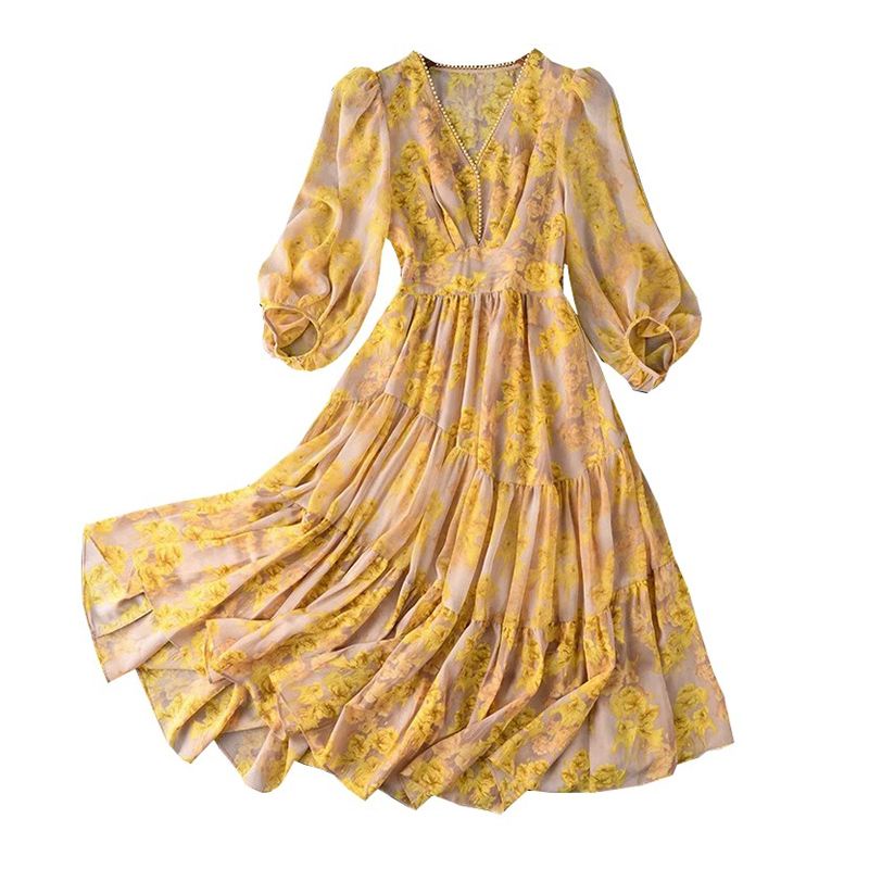 Đầm Dài Eo Cao Cổ Chữ V Tay Phồng In Hoa Chống Nếp Nhăn Thời Trang Mùa Hè