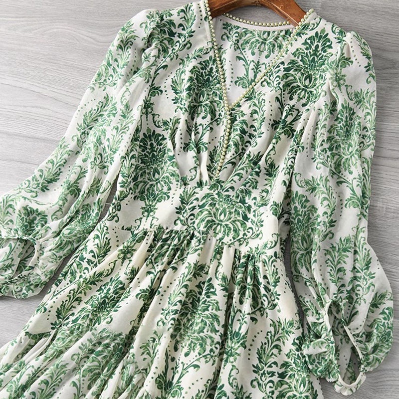 Đầm Dài Eo Cao Cổ Chữ V Tay Phồng In Hoa Chống Nếp Nhăn Thời Trang Mùa Hè