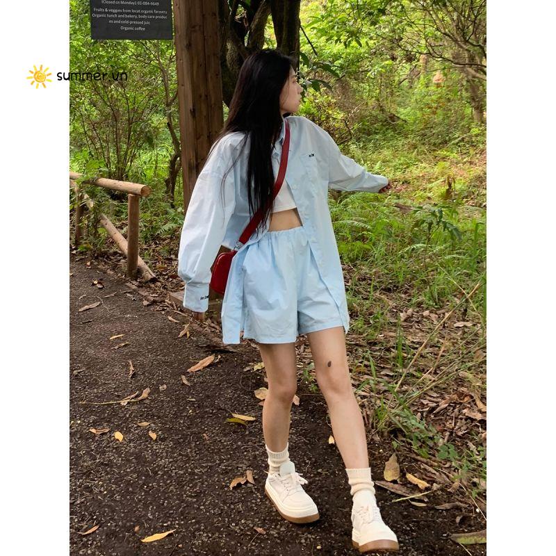 Set Áo Sơ Mi Tay Dài Và Quần Short Thời Trang Phong Cách Năng Động Cho Nữ