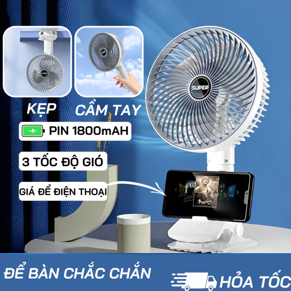 Quạt kẹp bàn tích điện SUPER, Quạt tích điện để bàn 3 tốc độ gió siêu mát có giá đỡ điện thoại bảo hành 12 tháng