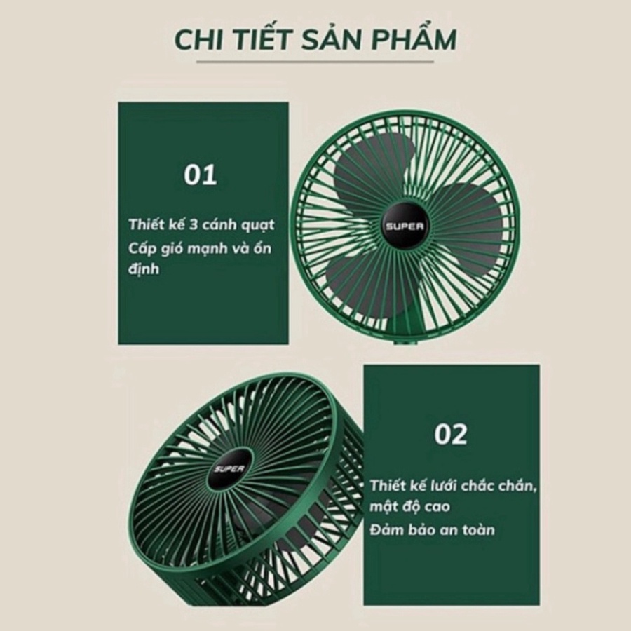 Quạt tích điện để bàn mini Super gấp gọn có thể kéo dài 3 tốc độ gió xoay 360 cổng sạc usb tiện dụng, bảo hành 12 tháng | BigBuy360 - bigbuy360.vn