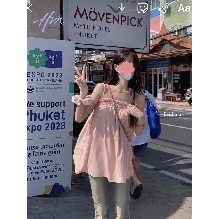 Áo Hai Dây Màu Hồng Dáng Rộng Thời Trang Mùa Hè Cho Nữ