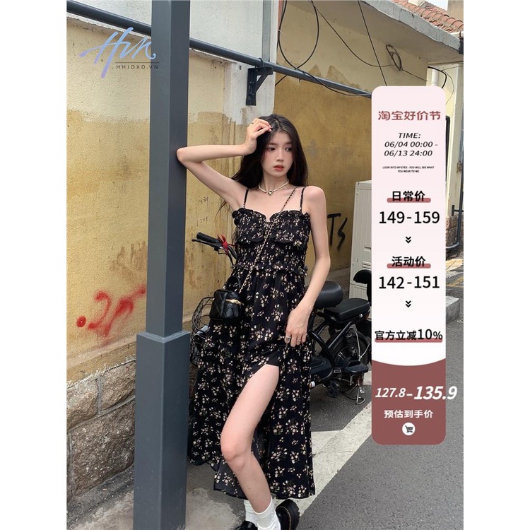 Đầm Hoa Ngắn Tay Màu Đen Thời Trang Mùa Hè Dành Cho Nữ