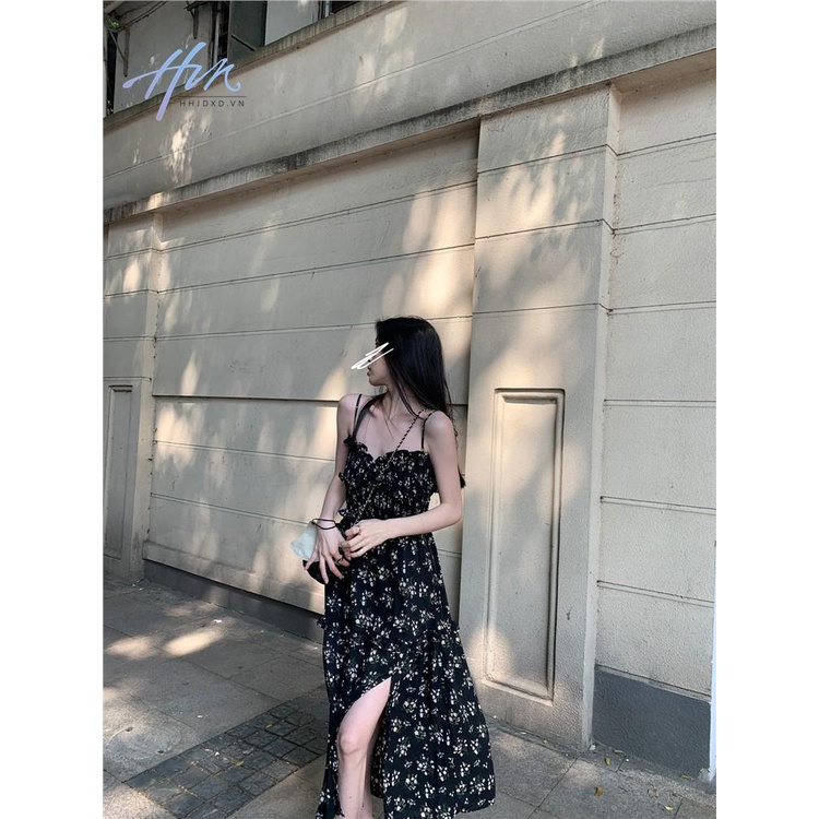Đầm Hoa Ngắn Tay Màu Đen Thời Trang Mùa Hè Dành Cho Nữ