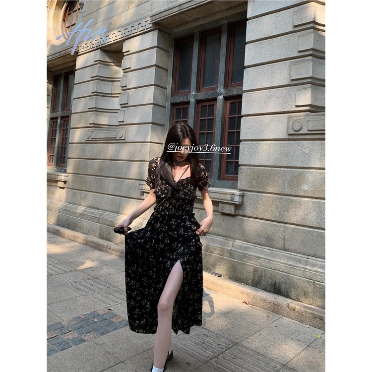 Đầm Hoa Ngắn Tay Màu Đen Thời Trang Mùa Hè Dành Cho Nữ