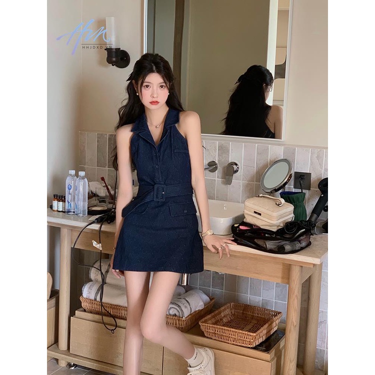 Đầm Denim Sát Nách Dáng Ôm Phong Cách Retro Thời Trang Cao Cấp Cho Nữ