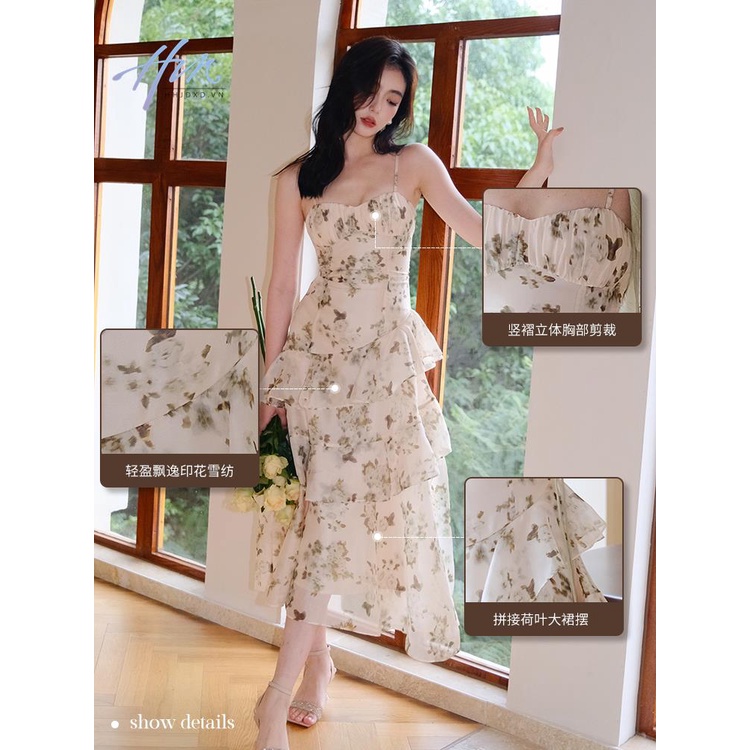 Đầm Hai Dây Dáng Dài Họa Tiết Hoa Phong Cách Retro Pháp