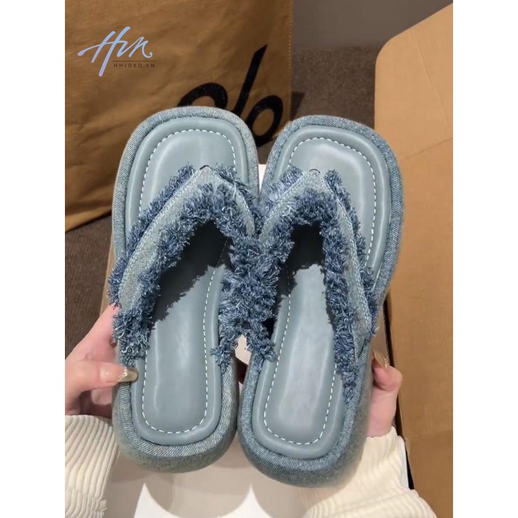 Dép Denim Đế Dày Đính Tua Rua Thời Trang Mùa Hè 2023 Mới Cho Nữ