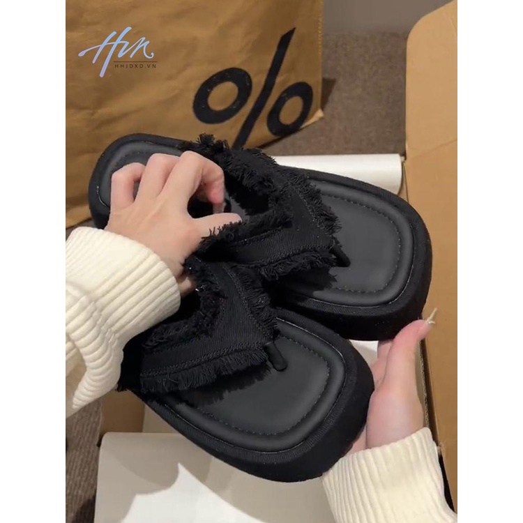 Dép Denim Đế Dày Đính Tua Rua Thời Trang Mùa Hè 2023 Mới Cho Nữ
