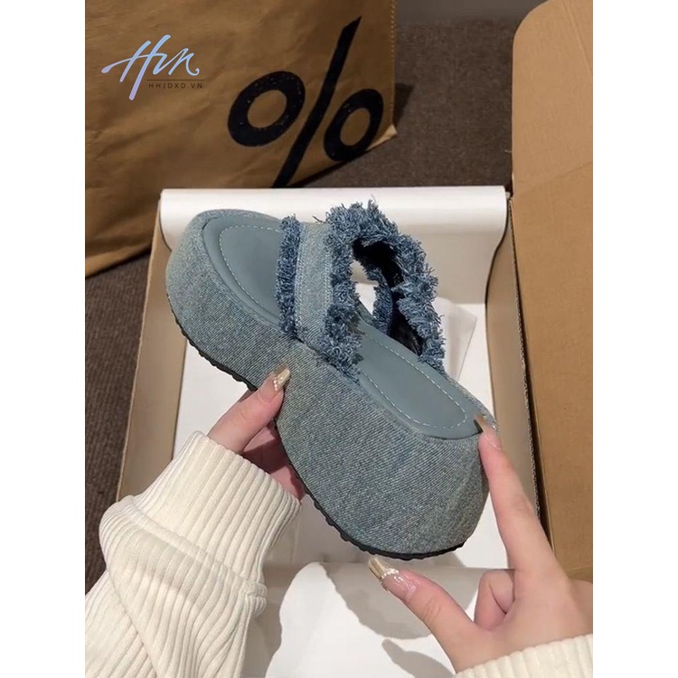 Dép Denim Đế Dày Đính Tua Rua Thời Trang Mùa Hè 2023 Mới Cho Nữ