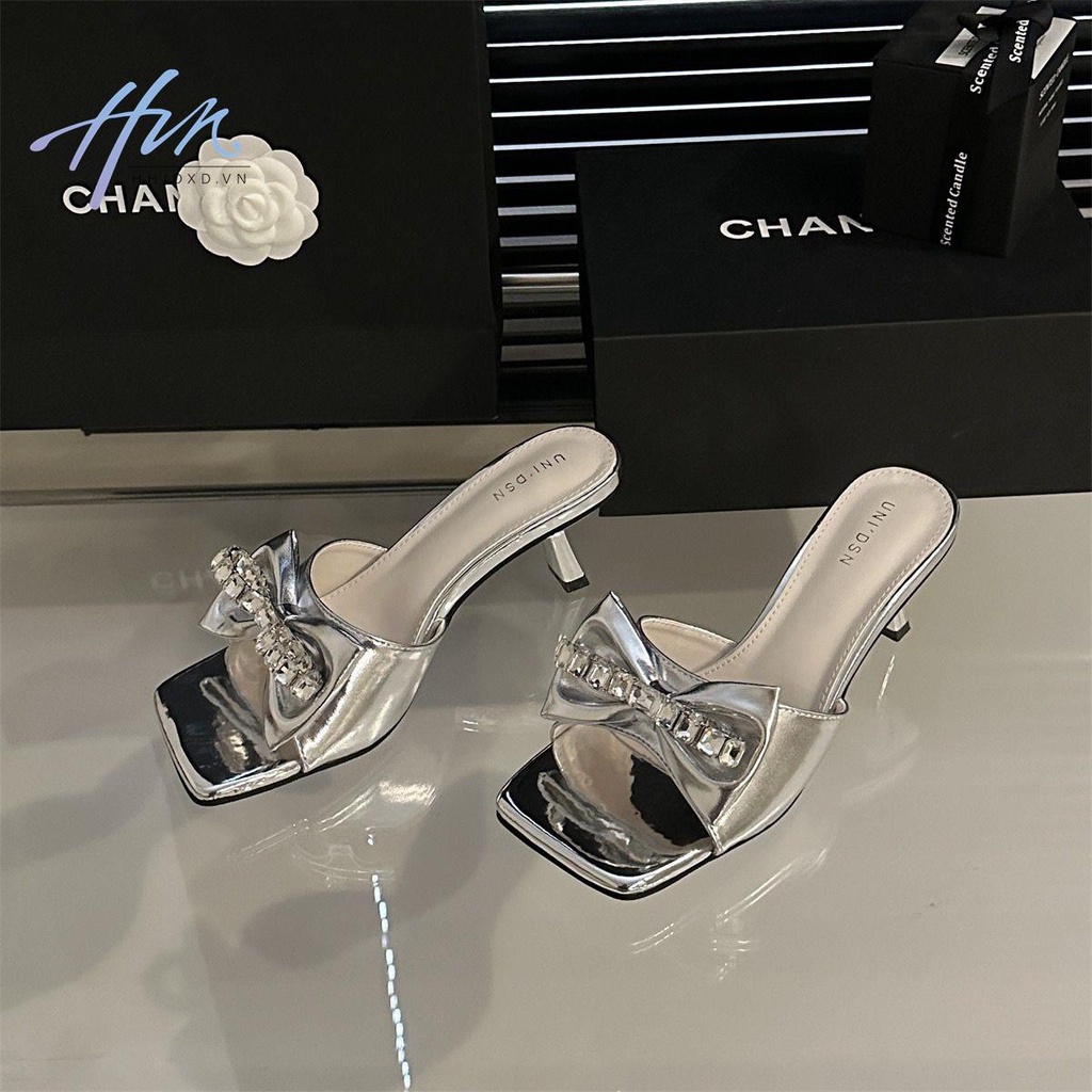 Giày Sandal Cao Gót Mũi Vuông Đính Nơ Xinh Xắn Thời Trang Cho Nữ