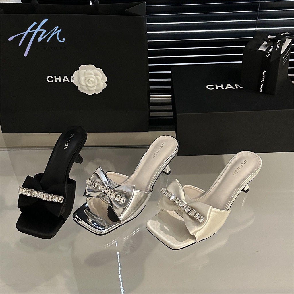 Giày Sandal Cao Gót Mũi Vuông Đính Nơ Xinh Xắn Thời Trang Cho Nữ