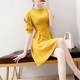 Đầm Dáng Chữ A Tay Phồng Màu Vàng Họa Tiết Hoa Thời Trang Mùa Hè