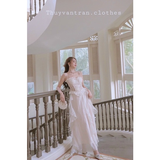 Đầm váy maxi 2 dây ren viền bèo phong cách tiểu thư công chúa sang chảnh sành điệu ngọt ngào