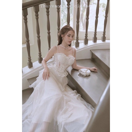 Đầm váy maxi 2 dây ren viền bèo phong cách tiểu thư công chúa sang chảnh sành điệu ngọt ngào