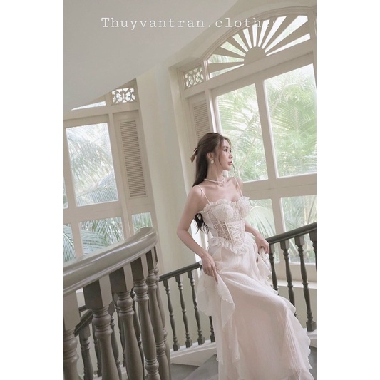 Đầm váy maxi 2 dây ren viền bèo phong cách tiểu thư công chúa sang chảnh sành điệu ngọt ngào