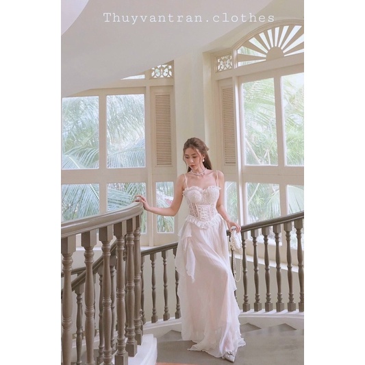 Đầm váy maxi 2 dây ren viền bèo phong cách tiểu thư công chúa sang chảnh sành điệu ngọt ngào