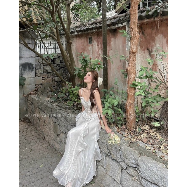 Đầm váy maxi 2 dây ren viền bèo phong cách tiểu thư công chúa sang chảnh sành điệu ngọt ngào