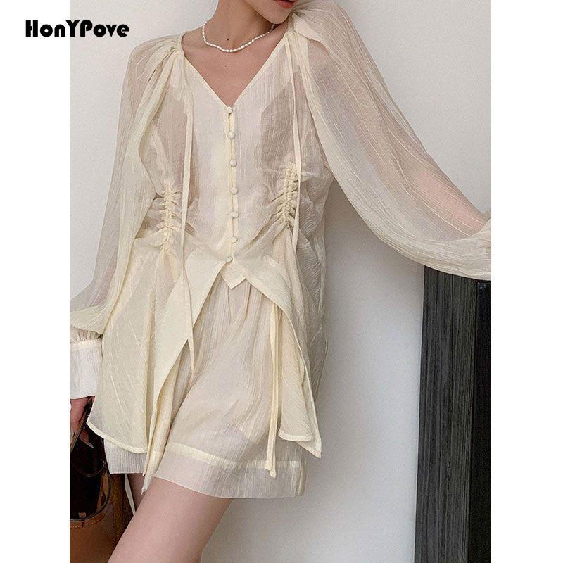 Honypove Bộ Áo Voan Tay Dài Cổ Chữ V + Quần Short Ống Rộng Thời Trang Mùa Hè 2023 Cho Nữ