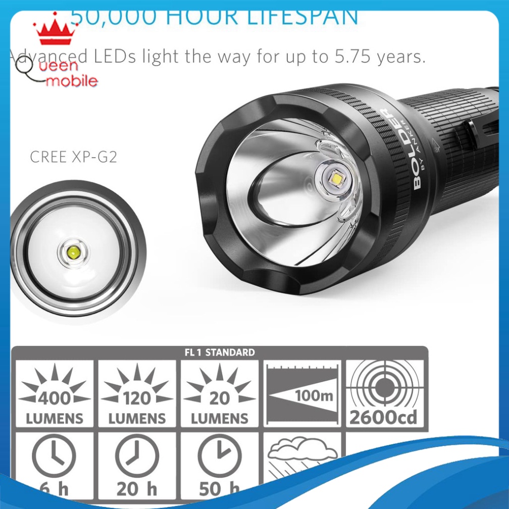 Đèn pin Anker Bolder LC40 pin sạc, 400 lumen, 5 chế độ sáng, chống nước ip65 - CHÍNH HÃNG PHÂN PHỐI, BẢO HÀNH 18 THÁNG [