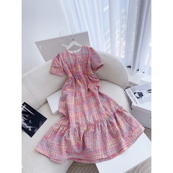 Đầm babydoll kẻ ô hồng suông
