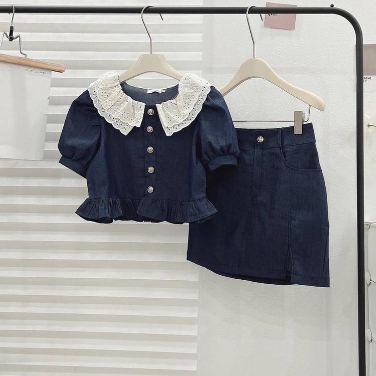Set Jean tiểu thư xᶖnh xắn áo croptop cổ bèo kèm chân váy chữ A Tấm Clothes