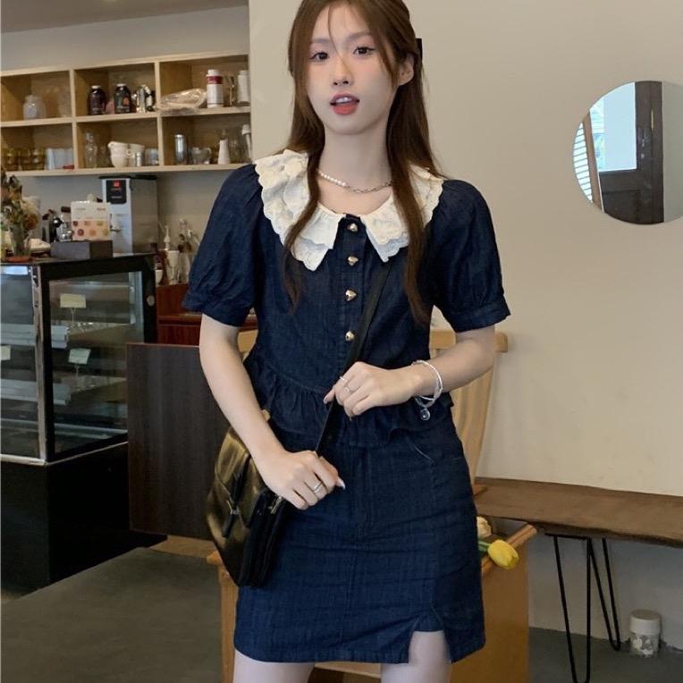 Set Jean tiểu thư xᶖnh xắn áo croptop cổ bèo kèm chân váy chữ A Tấm Clothes