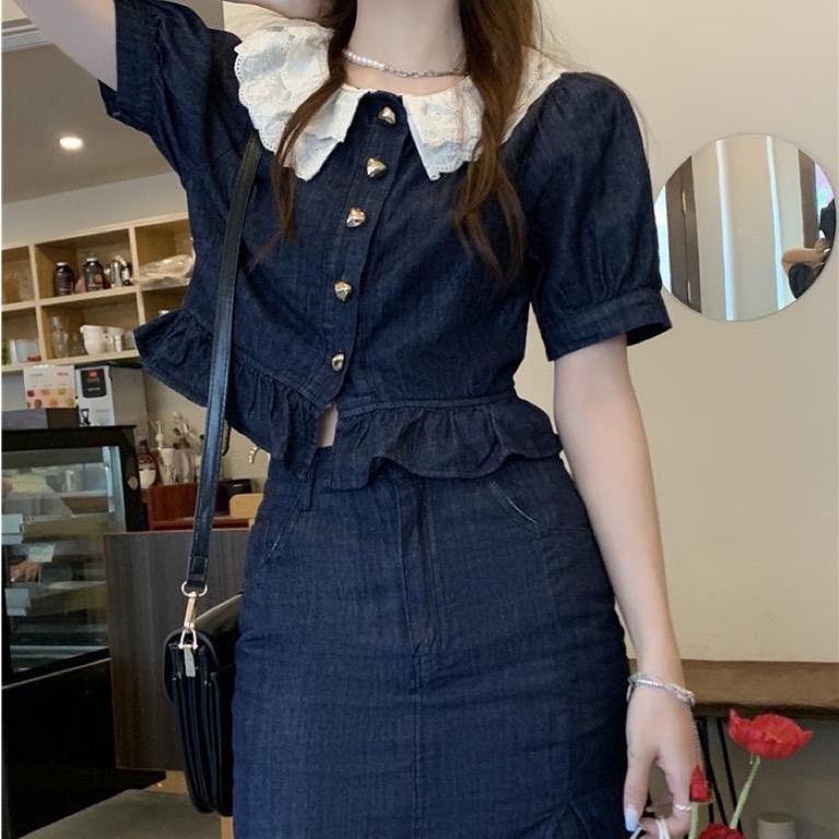 Set Jean tiểu thư xᶖnh xắn áo croptop cổ bèo kèm chân váy chữ A Tấm Clothes