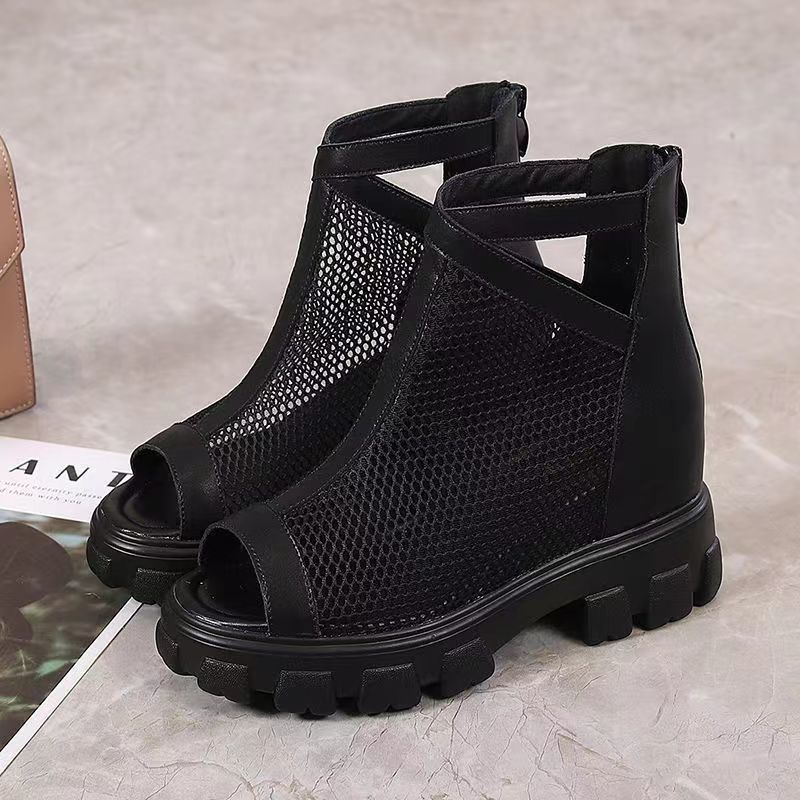 Giày Bốt Da Thật Hở Mũi Phối Lưới Thoáng Khí Màu Đen Thời Trang Mùa Hè Cho Nữ