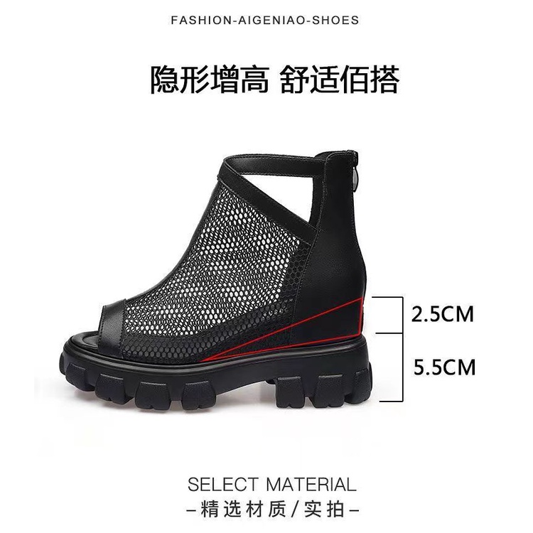 Giày Bốt Da Thật Hở Mũi Phối Lưới Thoáng Khí Màu Đen Thời Trang Mùa Hè Cho Nữ