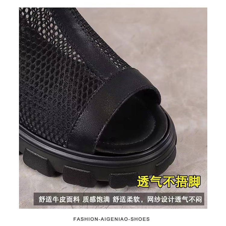 Giày Bốt Da Thật Hở Mũi Phối Lưới Thoáng Khí Màu Đen Thời Trang Mùa Hè Cho Nữ