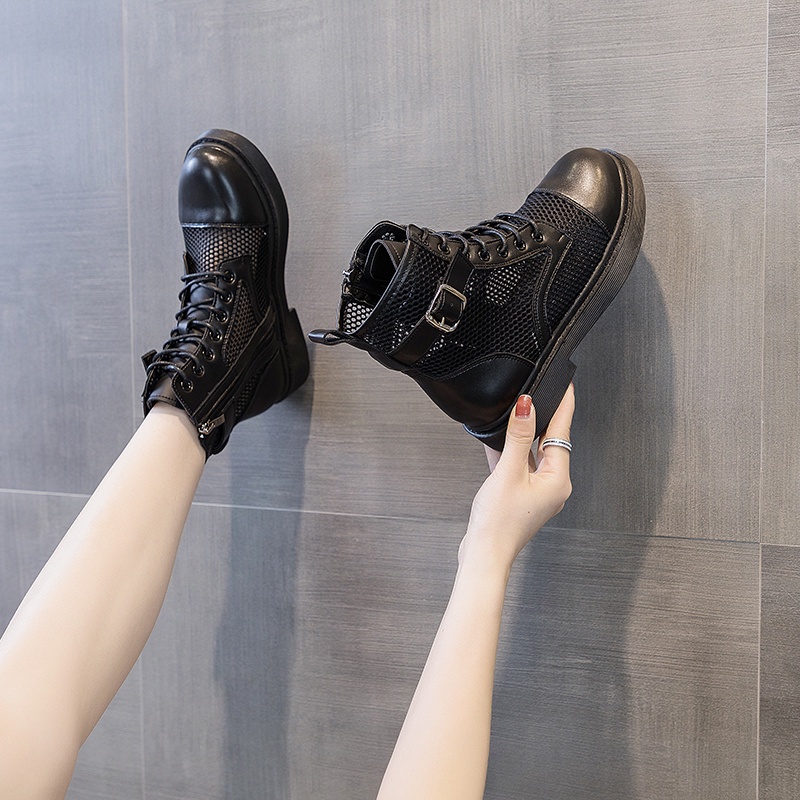 Giày Bốt Martin Da Mềm Cổ Cao Đế Bằng Phối Lưới Thời Trang Mùa Hè Cho Nữ