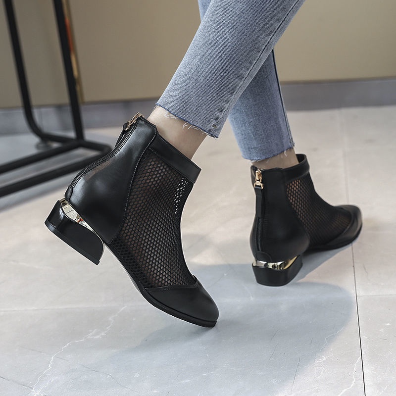 Giày Sandal Gót Thấp Mũi Nhọn Phối Lưới Thời Trang Xuân Hè 2023 Cho Nữ