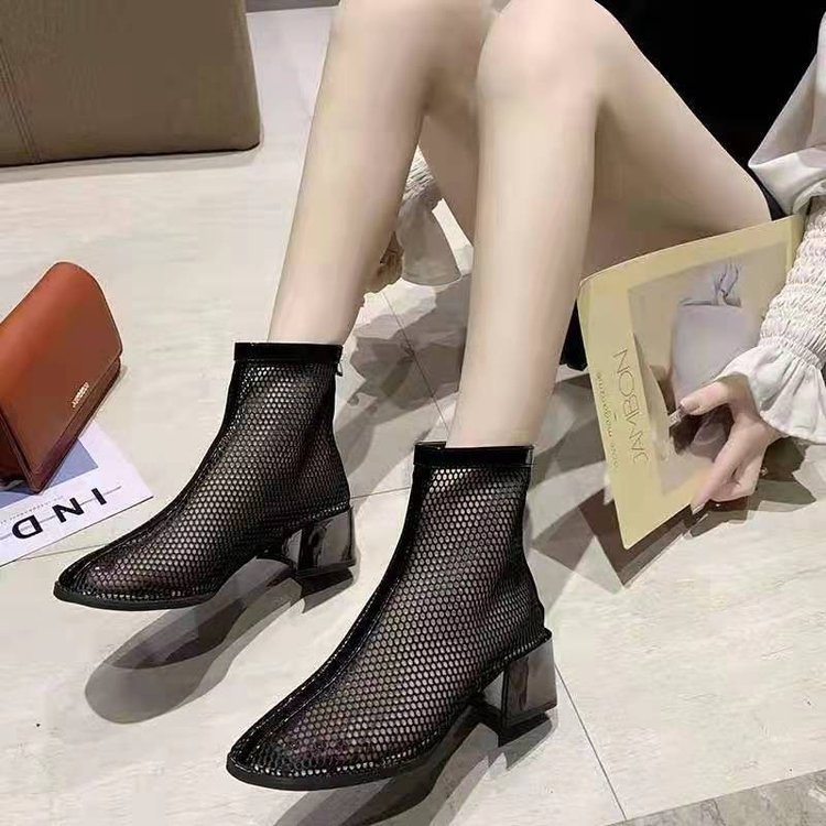 Giày Sandal Gót Thấp Mũi Nhọn Phối Lưới Thời Trang Xuân Hè 2023 Cho Nữ
