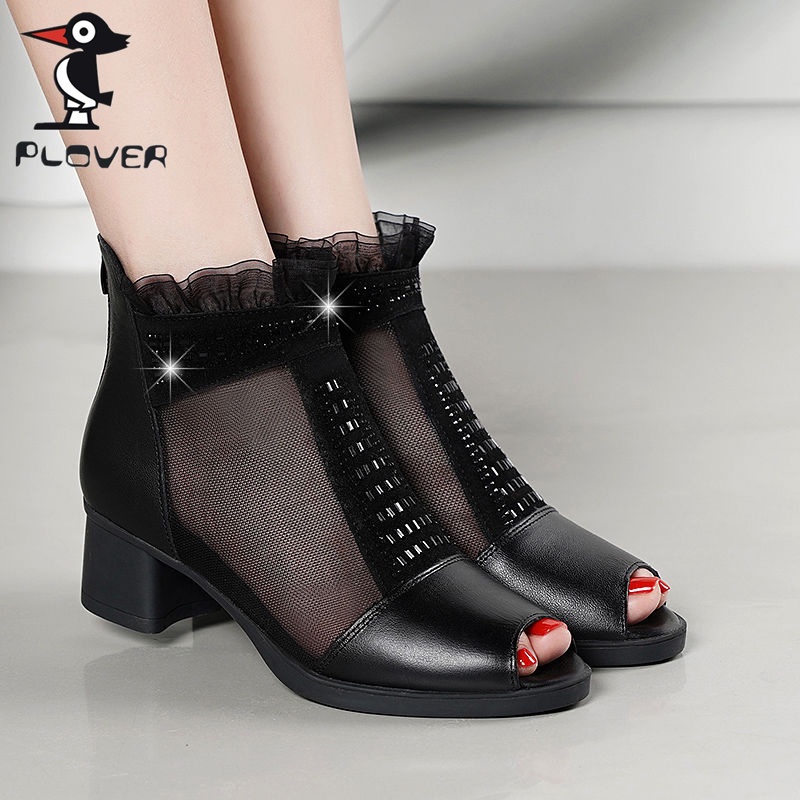 Giày Sandal Cao Gót Da Mềm Phối Lưới Thời Trang Mùa Xuân 2023 Cho Nữ