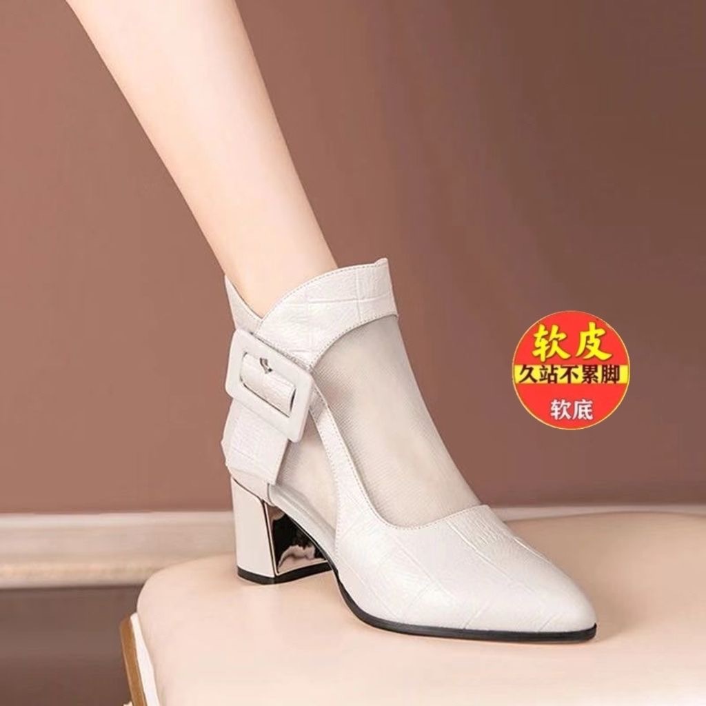 Giày Bốt Cao Gót Da Thật Mềm Phối Lưới Rỗng Thời Trang Mùa Xuân 2023 Cho Nữ