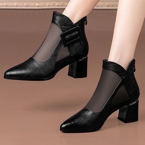 Giày Bốt Cao Gót Da Thật Mềm Phối Lưới Rỗng Thời Trang Mùa Xuân 2023 Cho Nữ